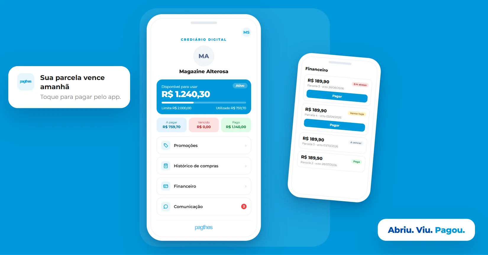 Aplicativo Crediário Digital da Pagthos: tela com o limite disponível do cliente e a lista de parcelas com o botão de pagar.